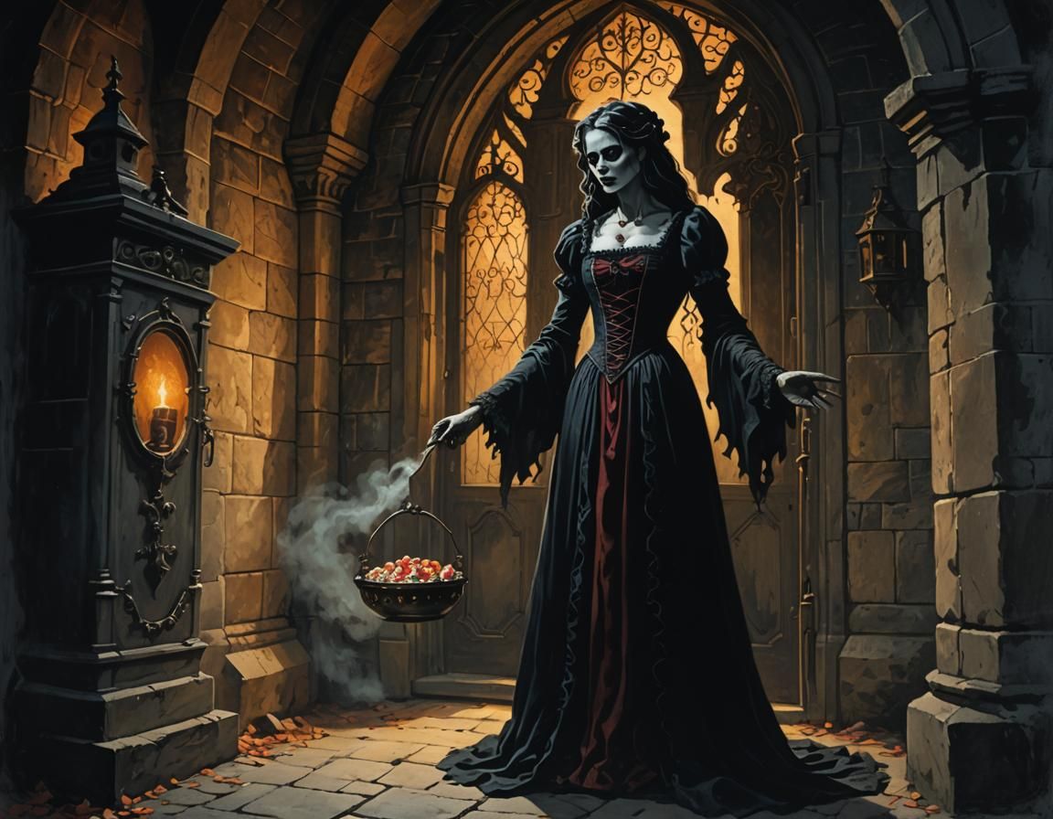 Vampire Treats Frankenstein: Gothic Expressionism Painting