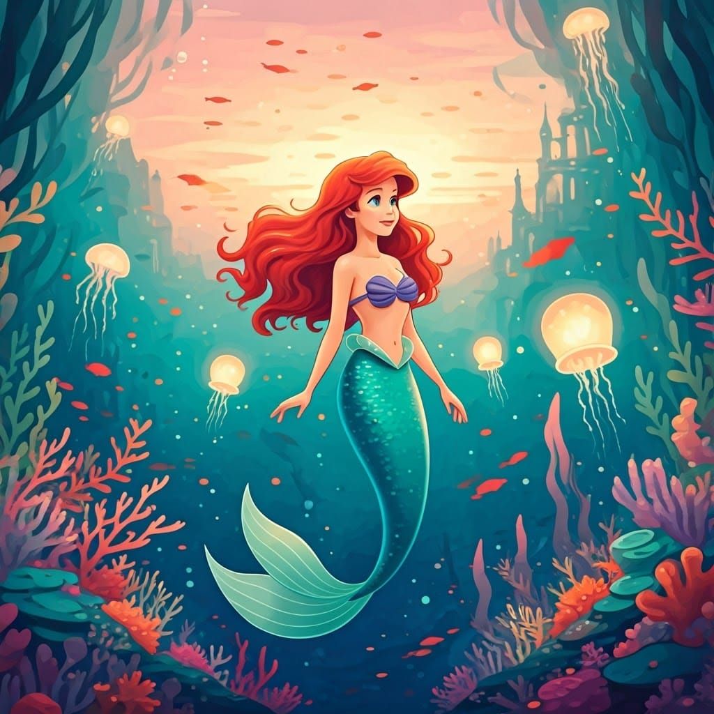 Ariel in Mystical Underwater Cityscape at Sunset