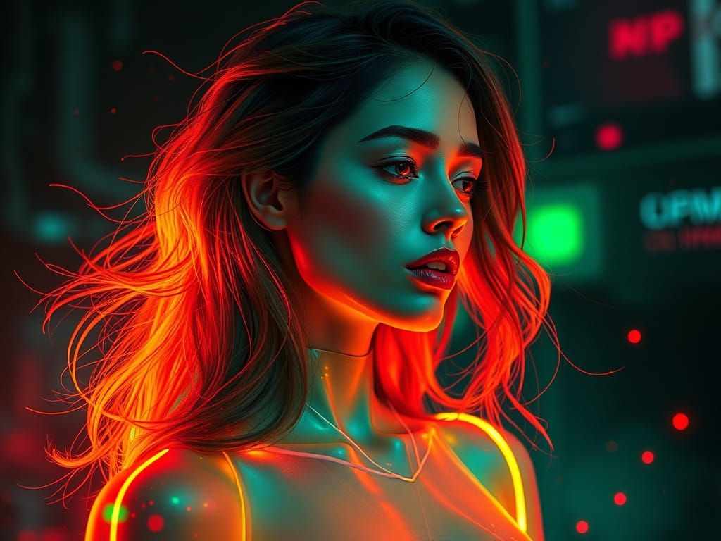 Neon Woman in Double Exposure with Holographic Accents