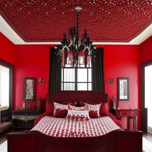 Cherry red gothic penthouse with Cherry red walls with Black accents& Cherry red Gothic furniture& Cherry red carpet wit...