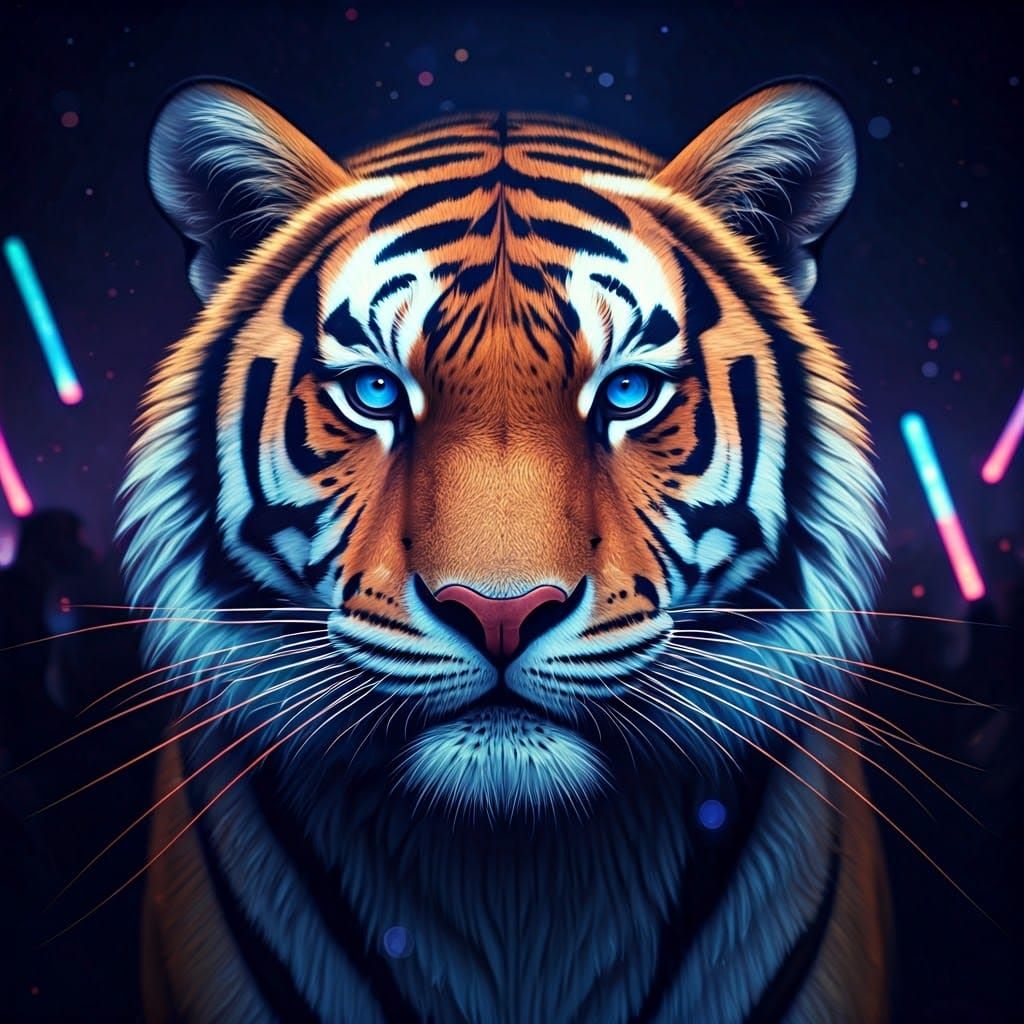 Glowing Tiger Amidst Vibrant Neon Concert