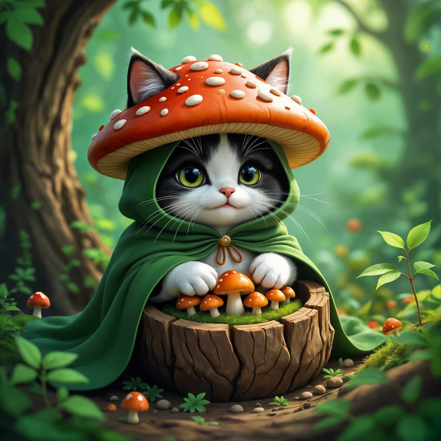 Mushroom Cat Guarding Tiny Mushrooms