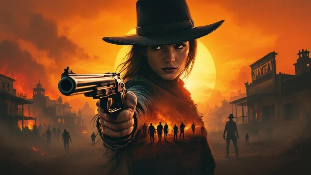Gunslingers in Post-Apocalyptic Western Town: Retro Comic Ar...