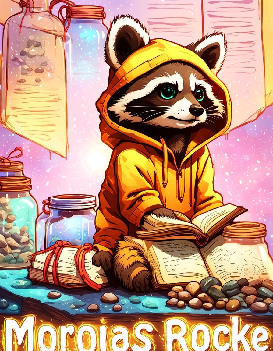 Raccoon in Hoodie Reading Book, Neon Noire Style