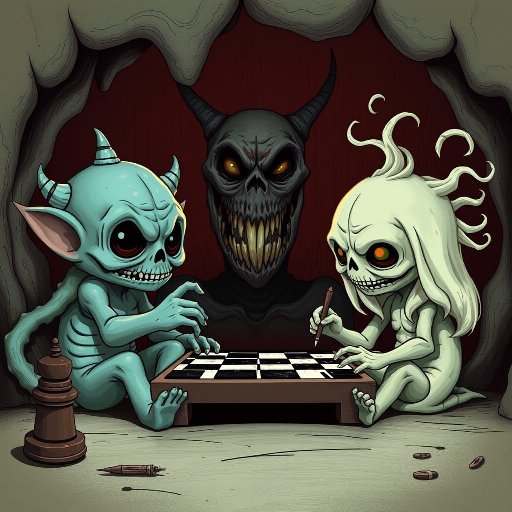 Mysterious Chibis Play Checkers Under a Creepy Monster's Gaz...