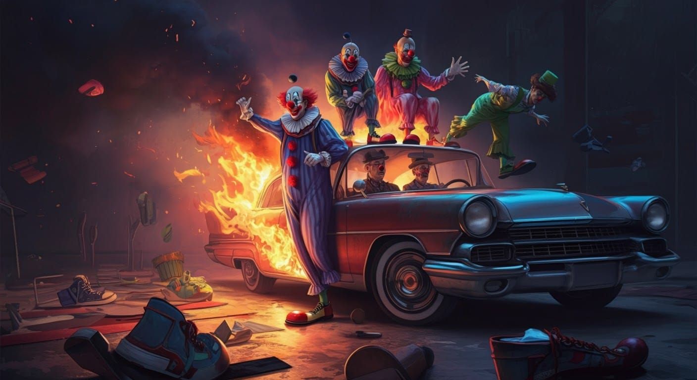 Clowns Escape Burning Car in Neon-Noir Style
