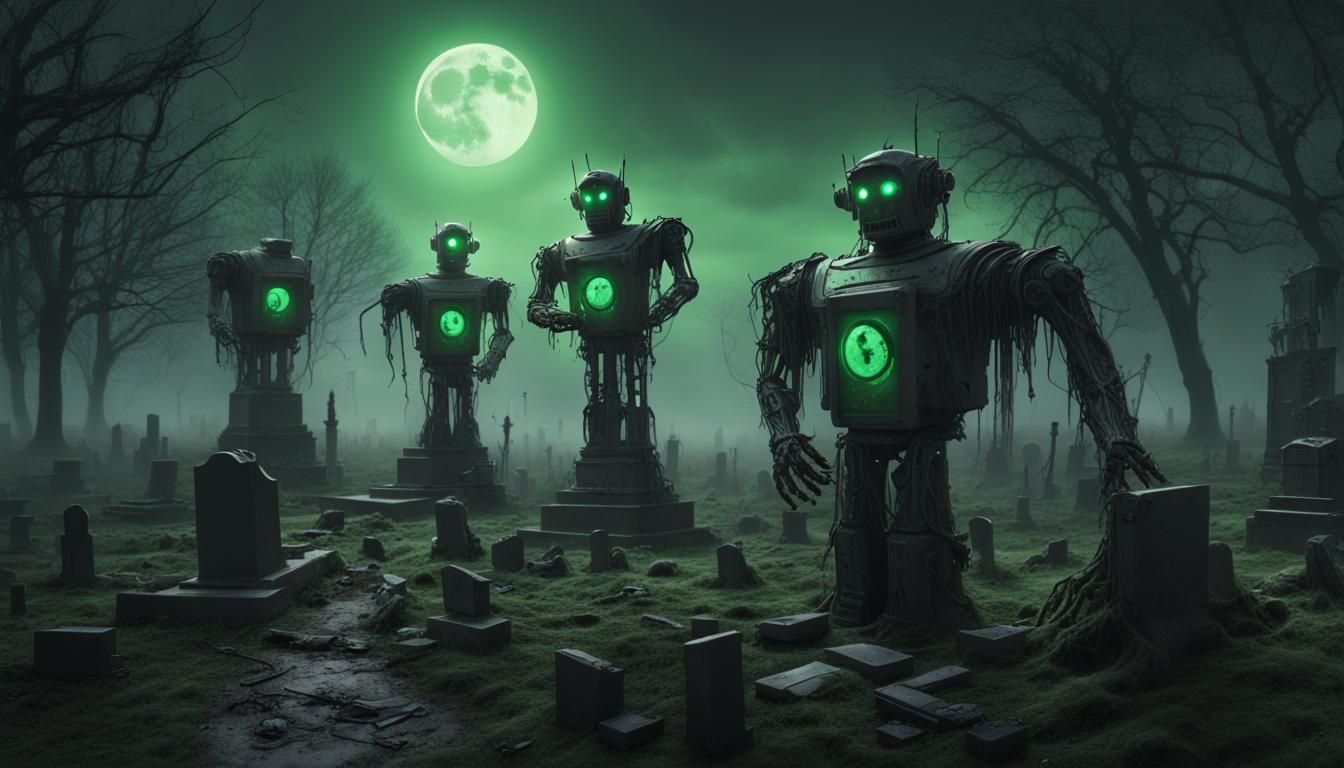 Green Moon Over Golem Cemetery, Dark Fantasy Art