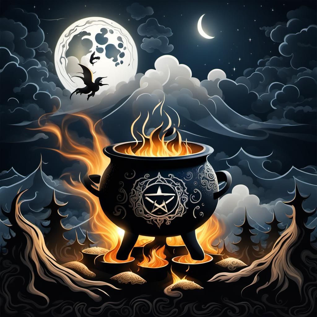 Witch Cauldron with Pagan Moon over Bonfire