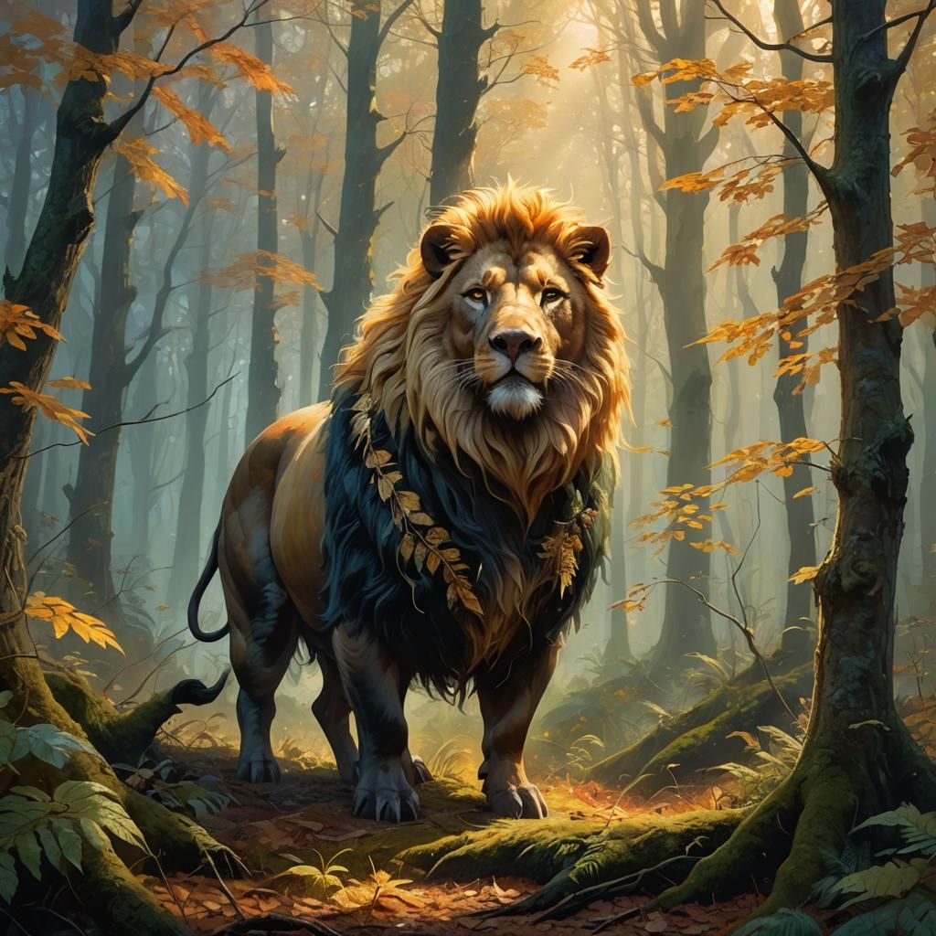 Pig-Lion Creature in Misty Forest, Oil Painting