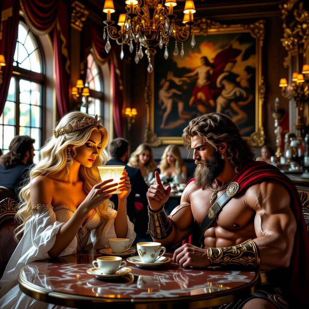 Mythological Gods in Baroque Café, Caravaggio Lighting