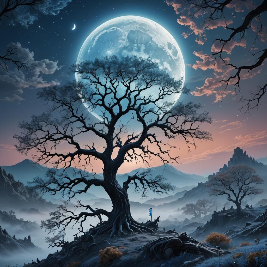 Whimsical Fantasy Landscape with a Rising Blue Moon