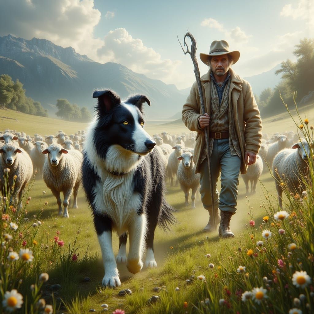 Border Collie Herding Sheep in Sun-Drenched Meadow