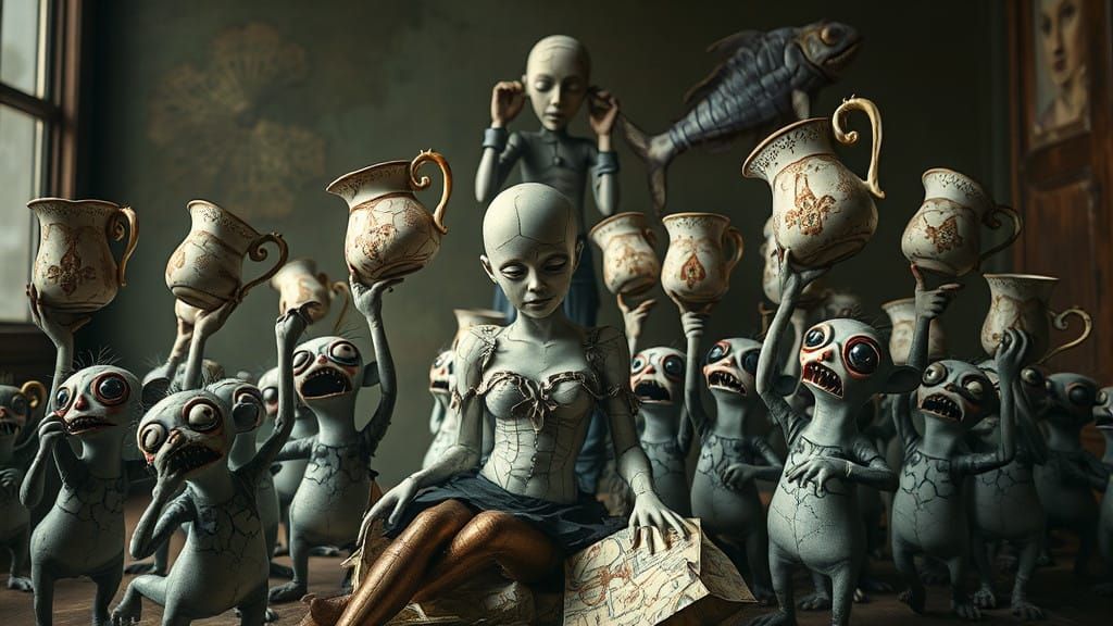 Eerie Surrealist Scene: Shattered Porcelain Doll Beset by Gr...