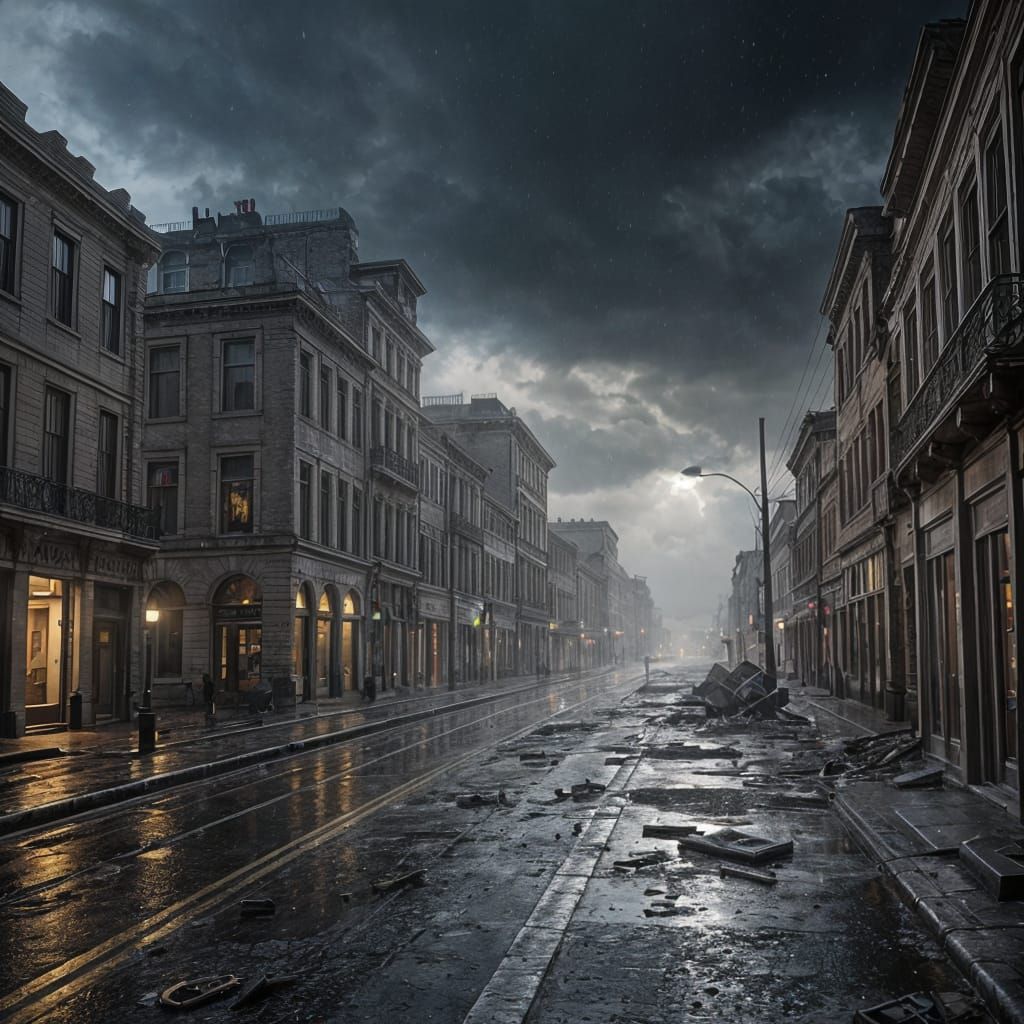 Devastated City at Night Amidst Raging Storm