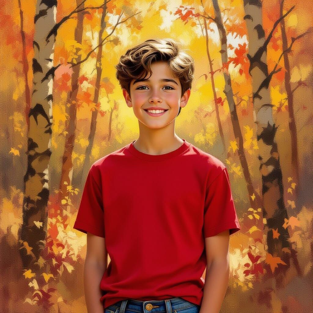 Handsome 15-Year-Old Boy in Red T-Shirt and Jeans