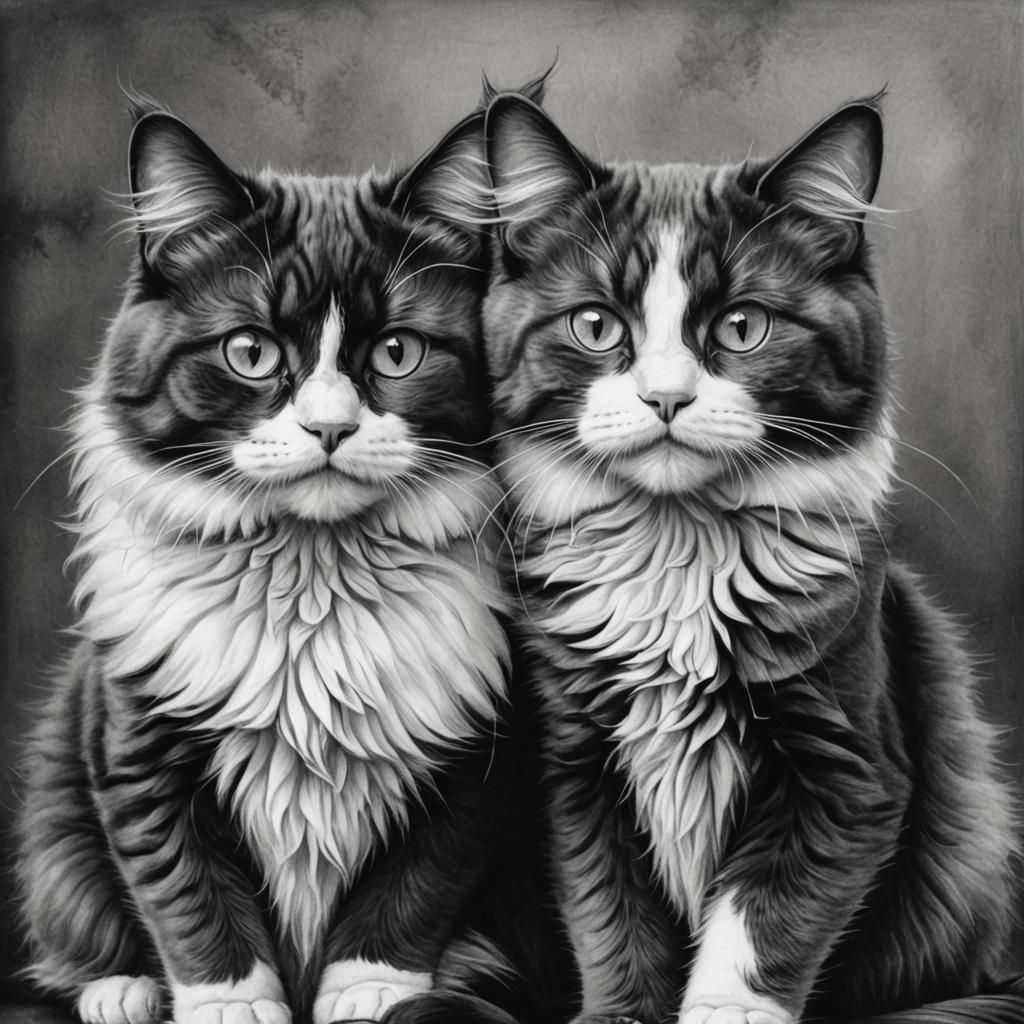 Fluffy Tuxedo Cats in Love: Charcoal Drawing