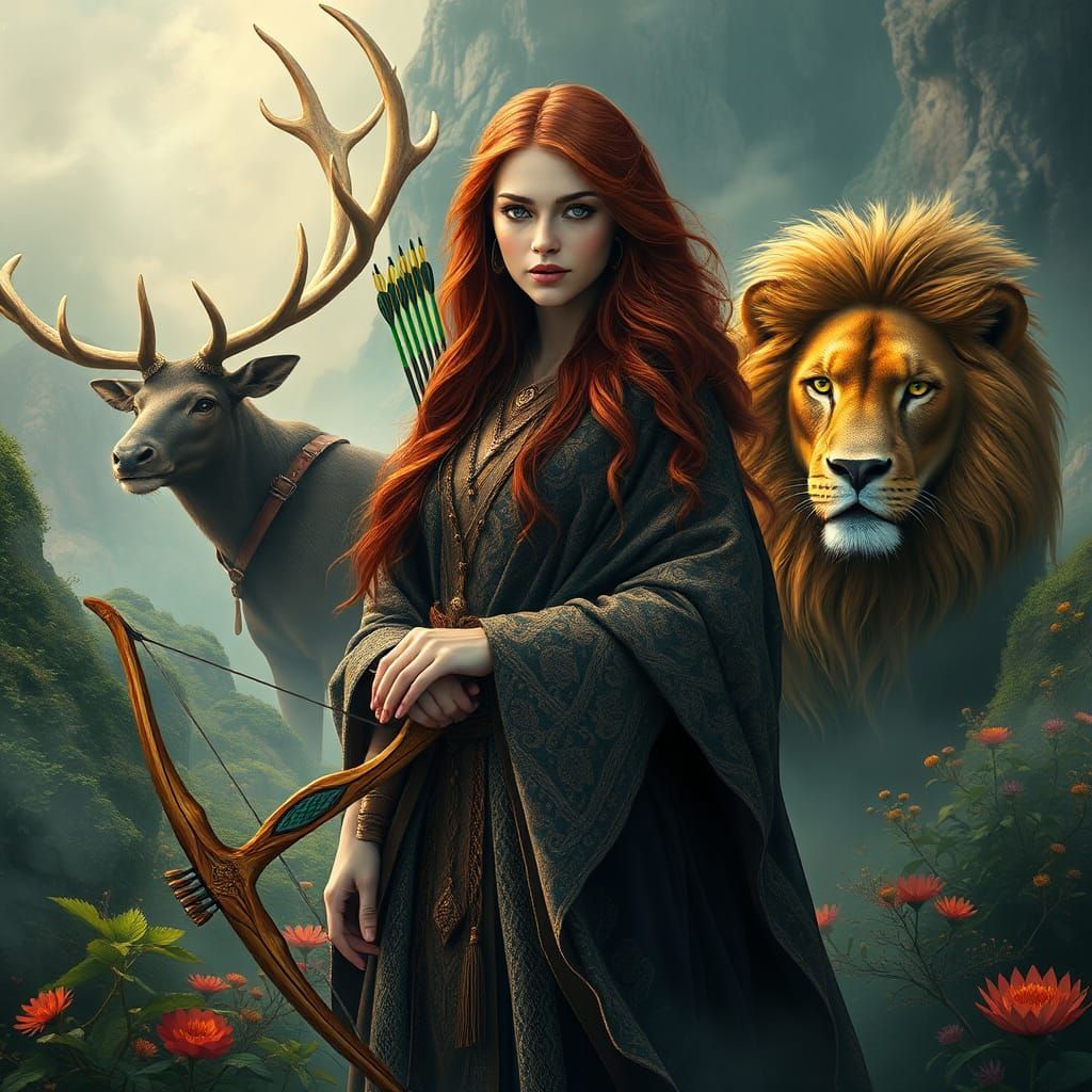 Celtic Goddess with Mythical Guardians, Hyperrealistic Matte...