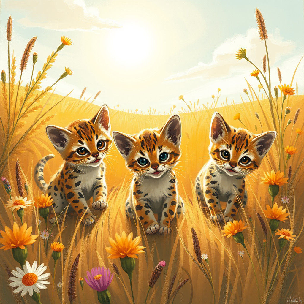 Savannah Kittens Playing: Whimsical Illustration