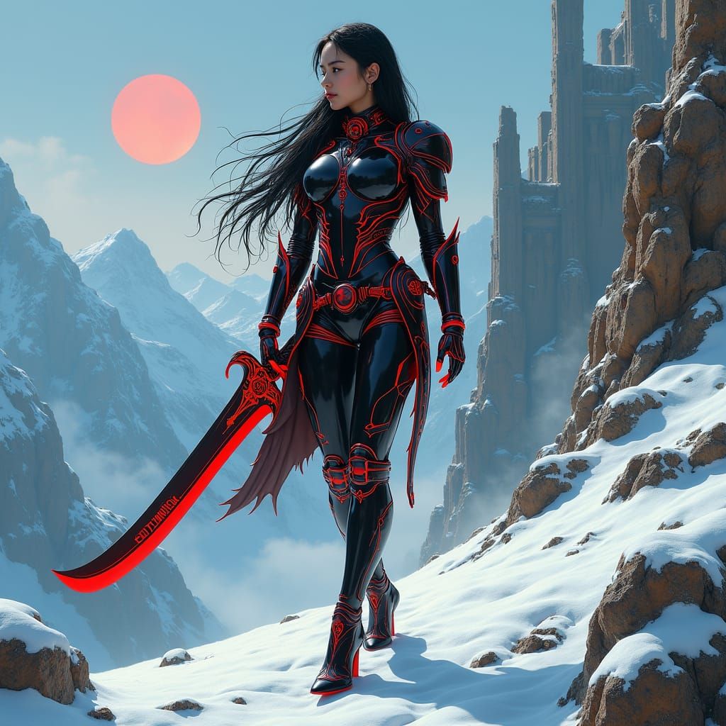 Cyberpunk Cyborg in Snowy Landscape with VHS Aesthetic