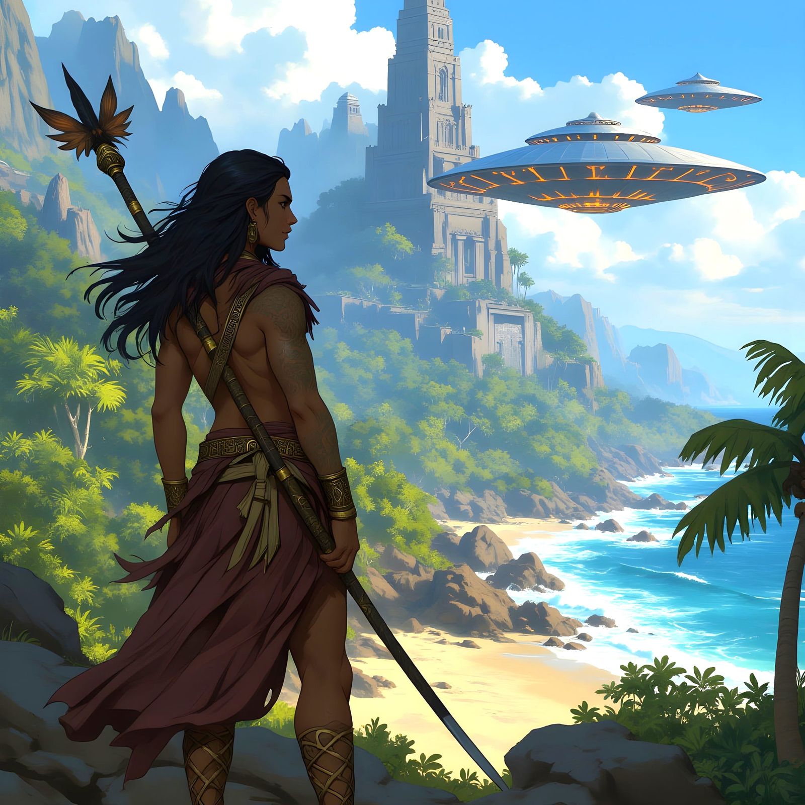 Maori Warrior and Princess in Sci-Fi Landscape