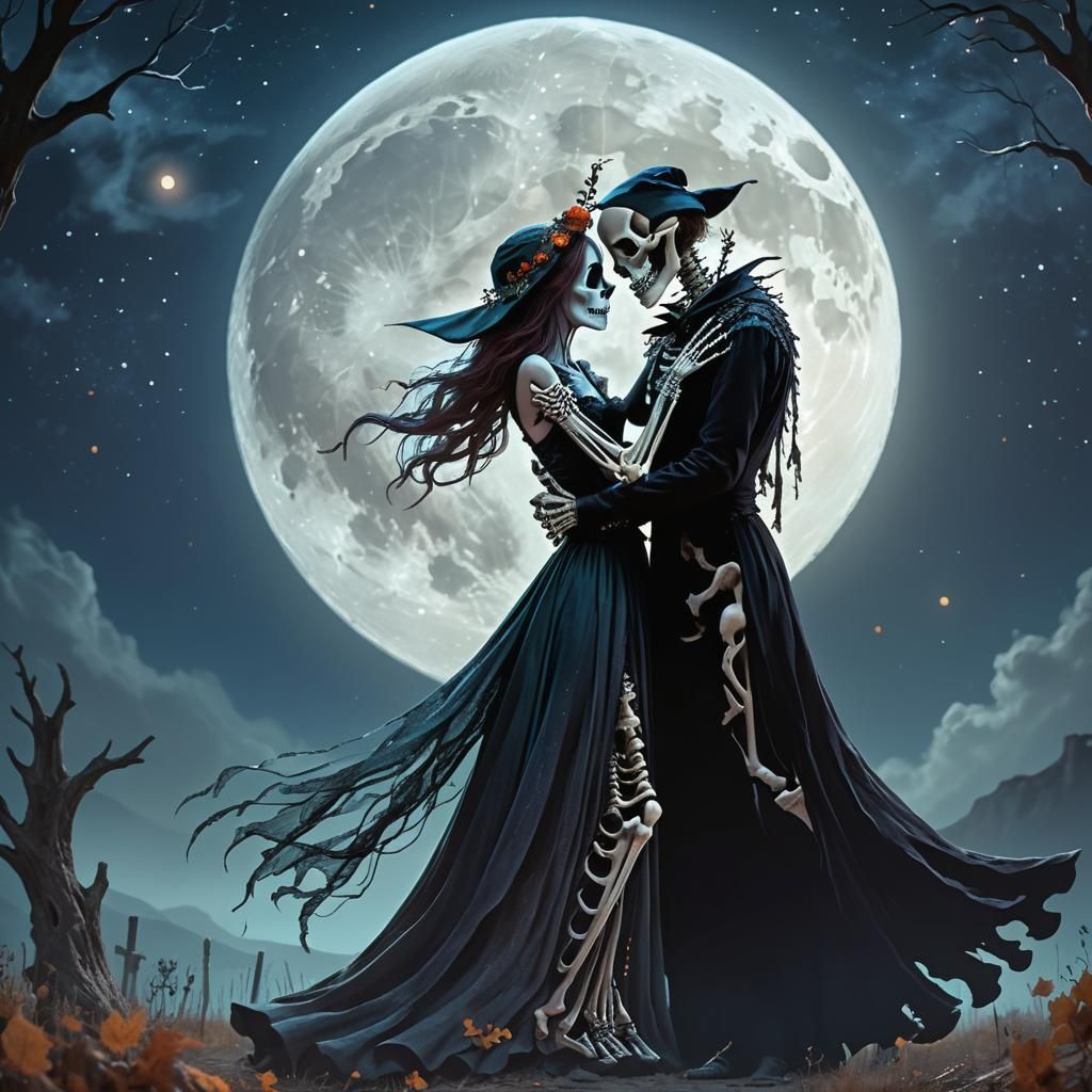 Romantic Witch and Skeleton Dance Under Moonlight