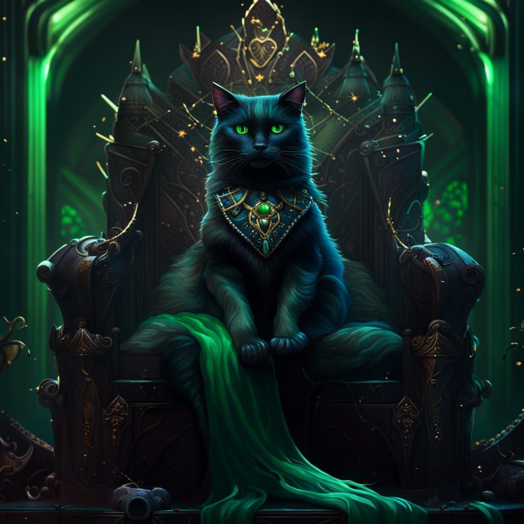Princess Black Cat on Throne: Detailed Digital Painting