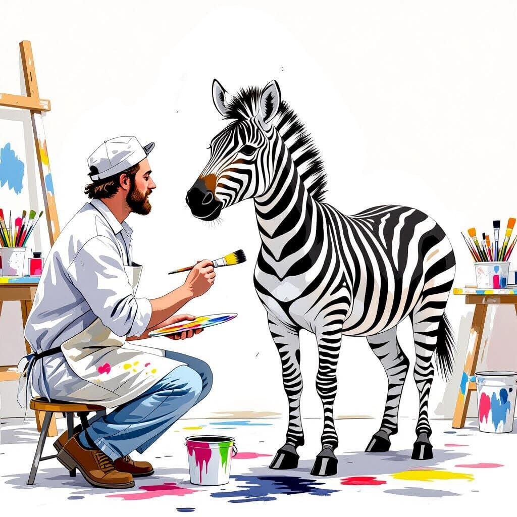 Man Paints Stripes on Zebra in Whimsical Studio Illustration