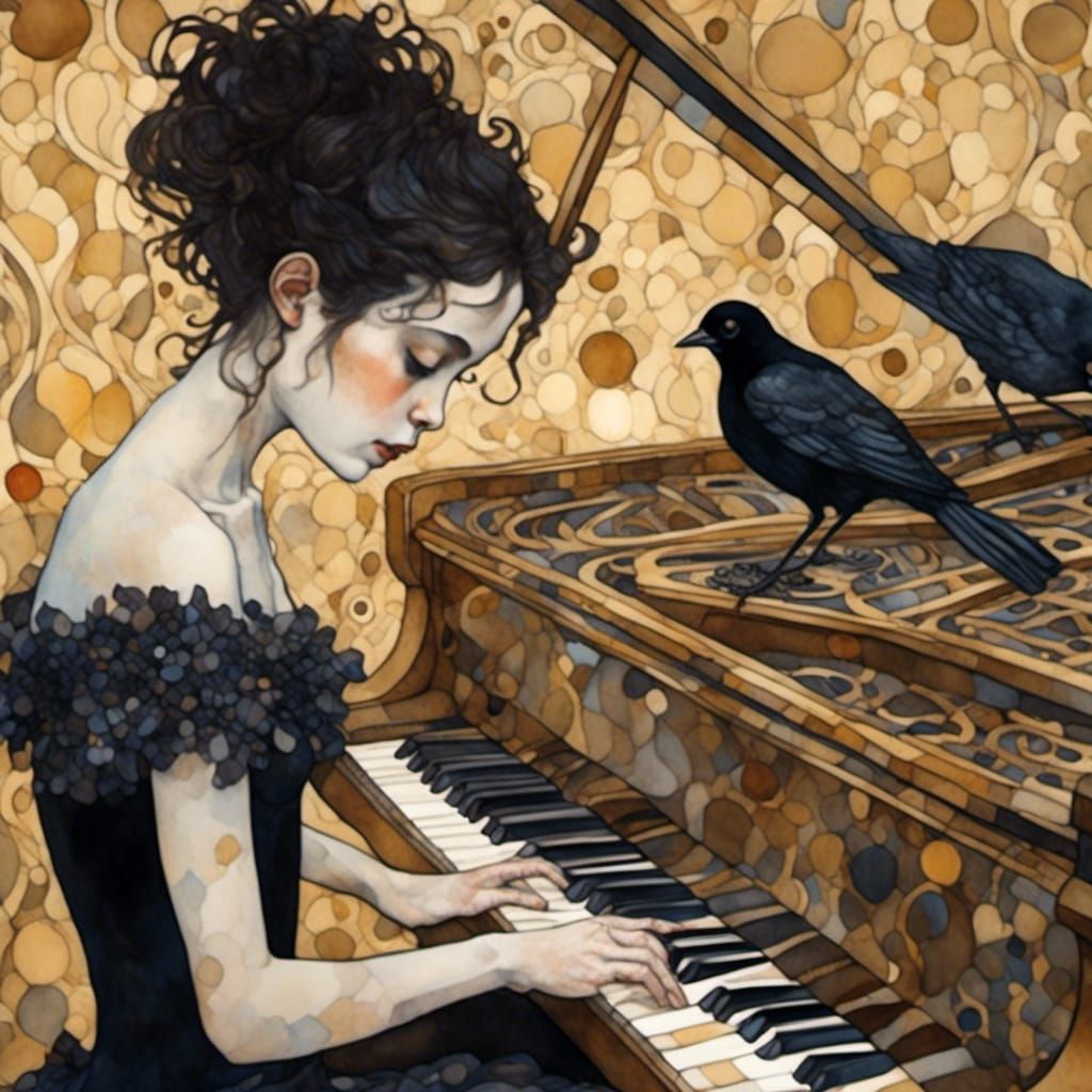 Blackbird on Piano in Dark Academia Style