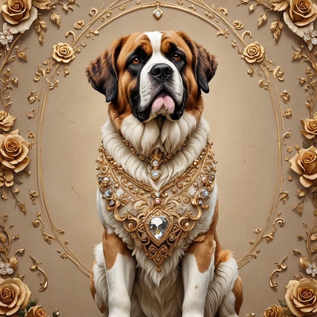 Majestic Gemstone Saint Bernard in Baroque 3D Art