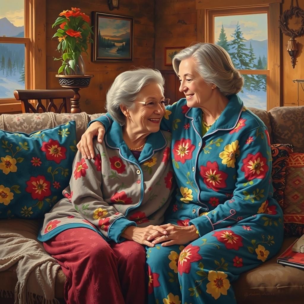 Warm Cabin Snuggle: An Oil Painting of Friendship