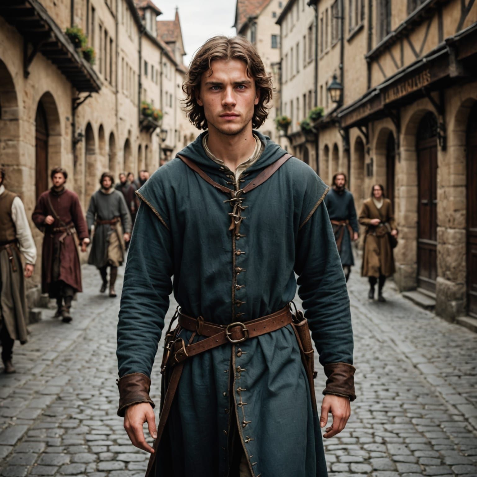 Nervous Young Man Walks Medieval Street