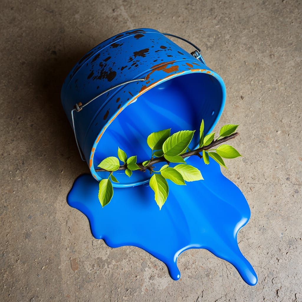Vibrant Blue Bucket Unleashes Abstract Branch with Leaves in...