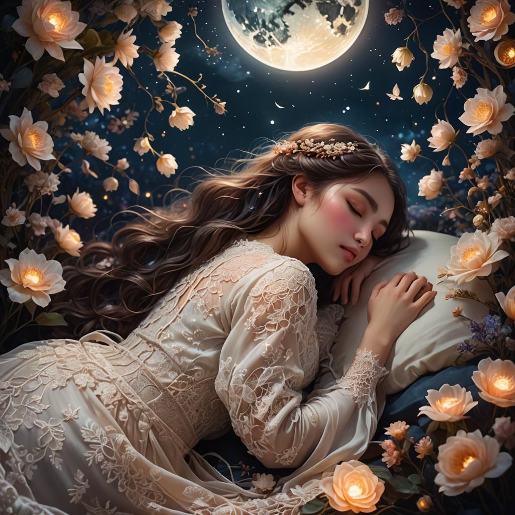Magical Sleeping Woman with Night Flowers
