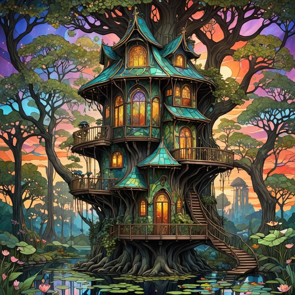 Art Nouveau Treehouse for Frogs at Sunset