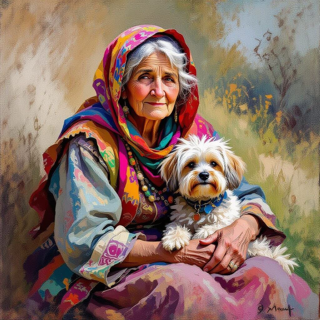 Colorful Gypsy Woman with Dog in Expressionist Style