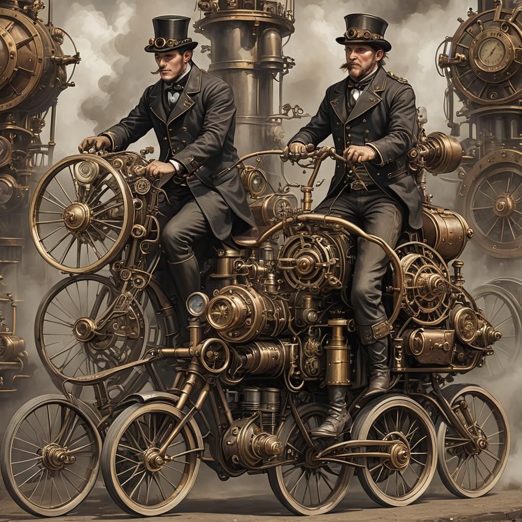 Cousins Riding Bikes with Steampunk Engine