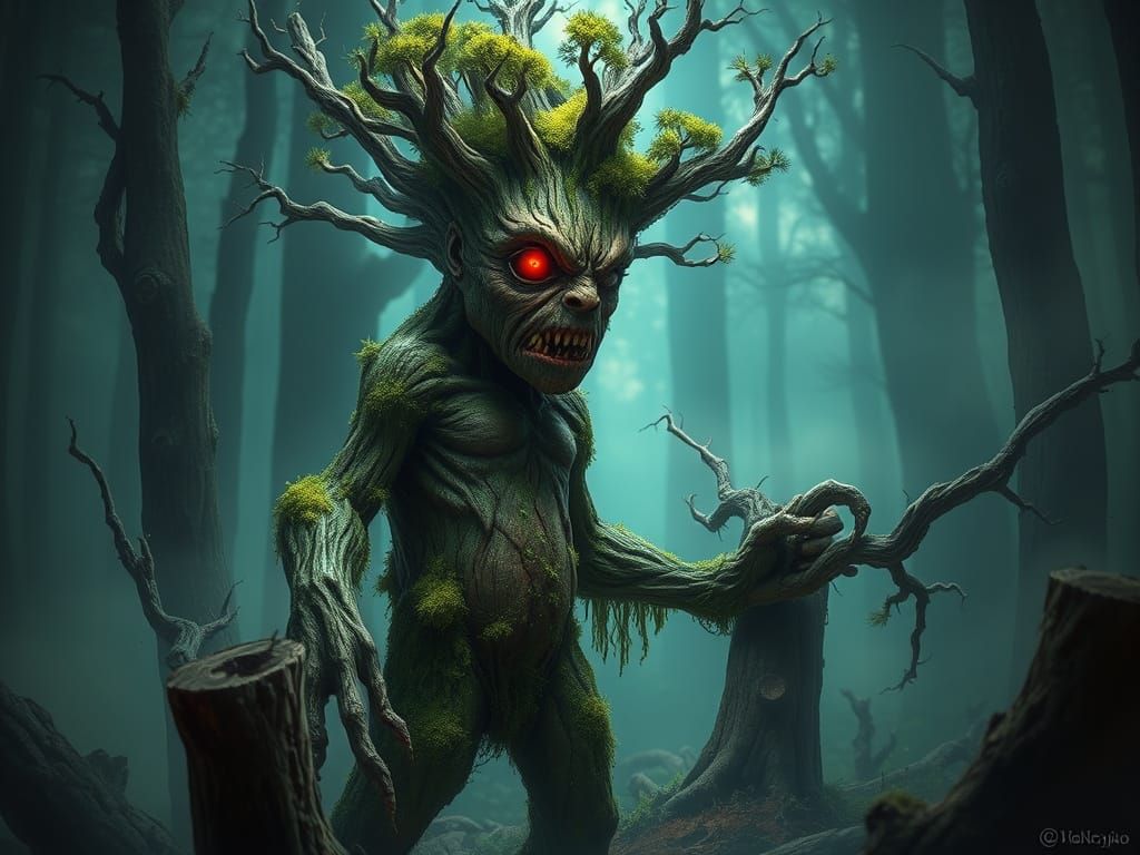 Tree Monster Emerges from the Misty Woods in Cyberpunk Woodp...