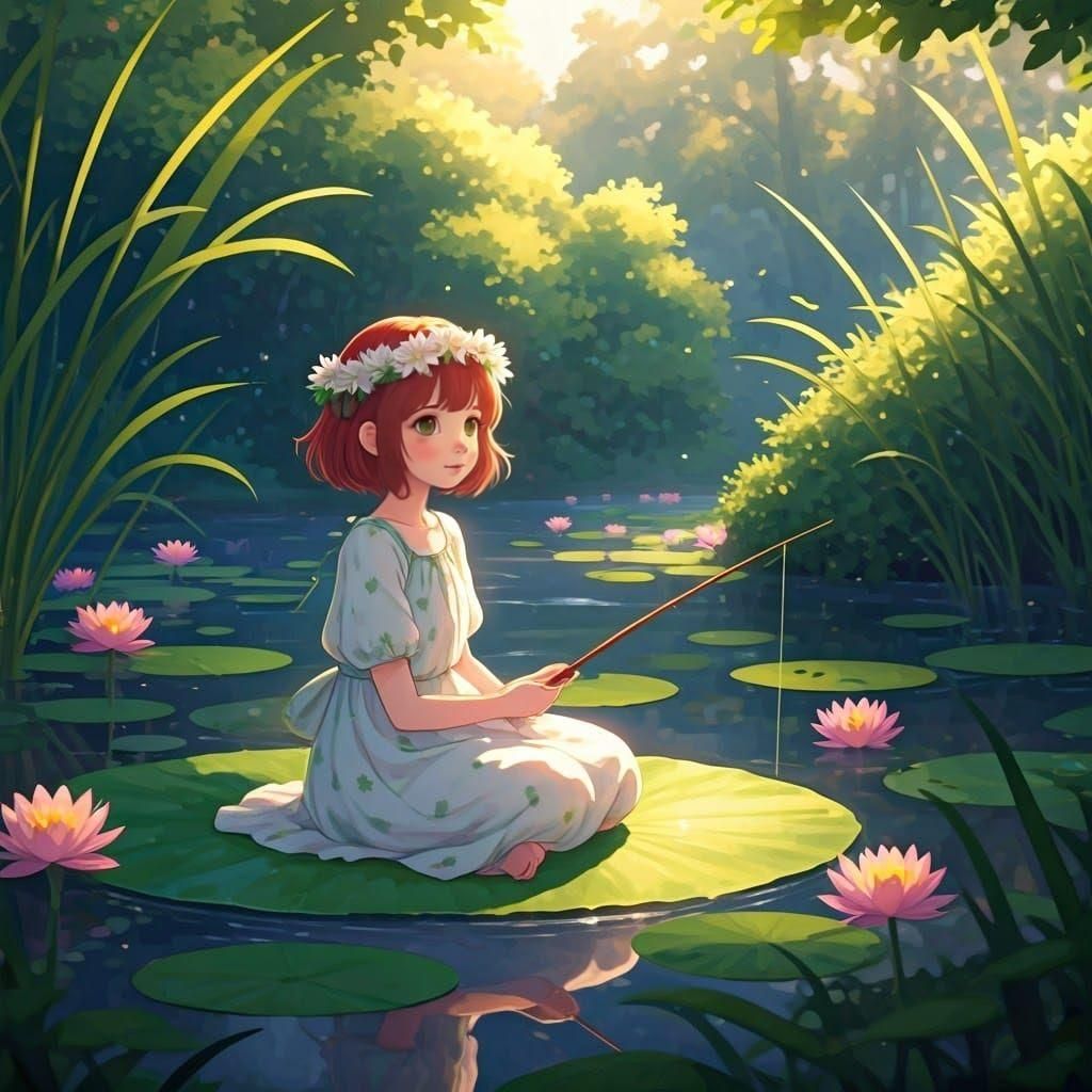 Girl on Lily Pad in Anime Style