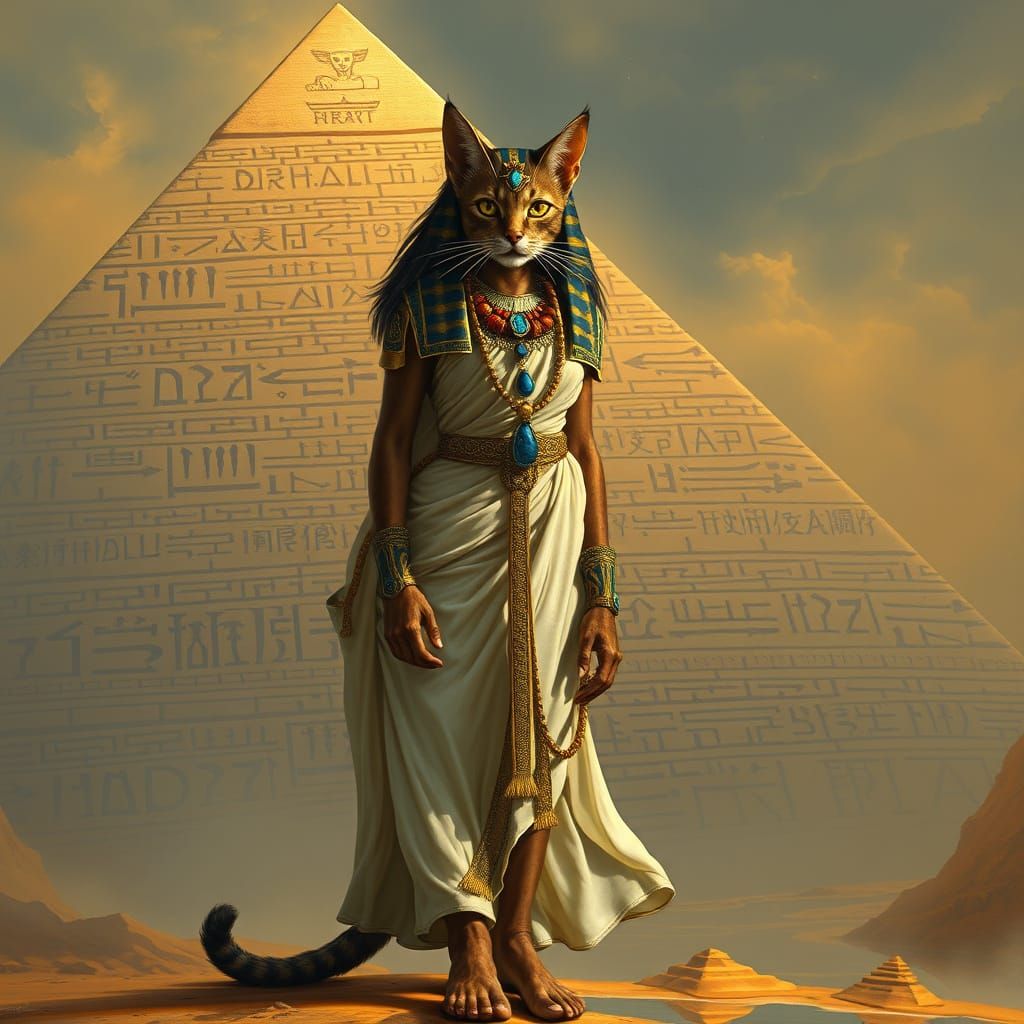 Cat Queen with Egyptian Pyramid in Fantasy Style