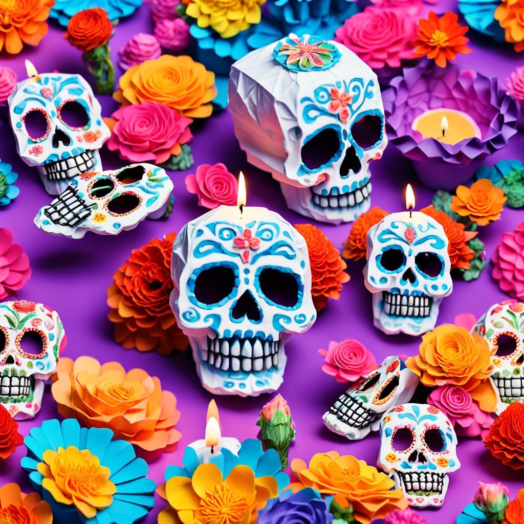 Ofrenda with Sugar Skull Skeletons in Impasto Style