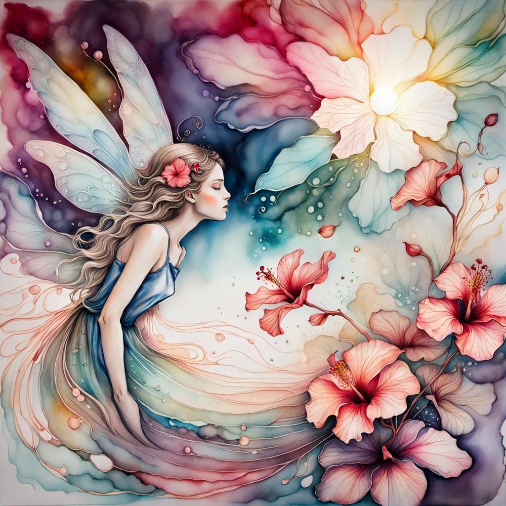 Ethereal Fairy Ascending Among Hibiscus Flowers