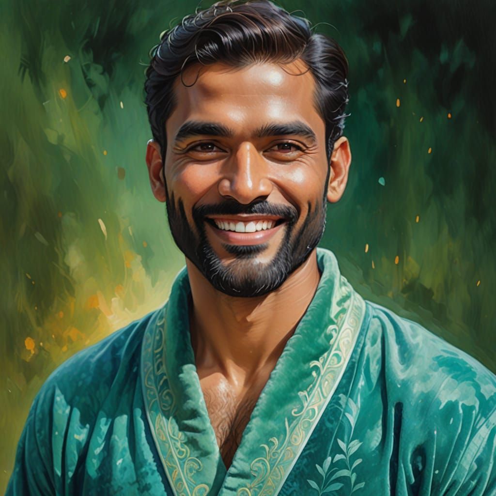 Smiling Tamil Man in Green Velvet Robe as Impasto Painting