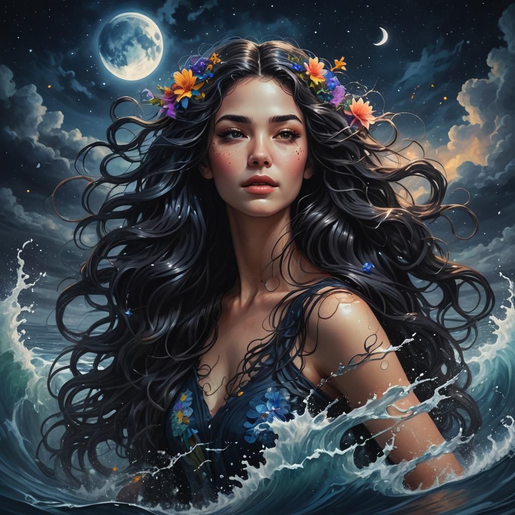 Woman with Dark Hair Under Moonlit Sky