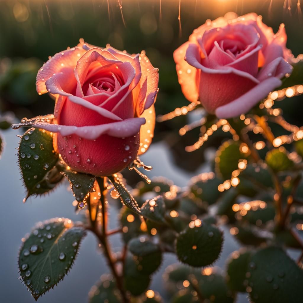 Sunrise Dew Drops on Rose Bushes Photograph