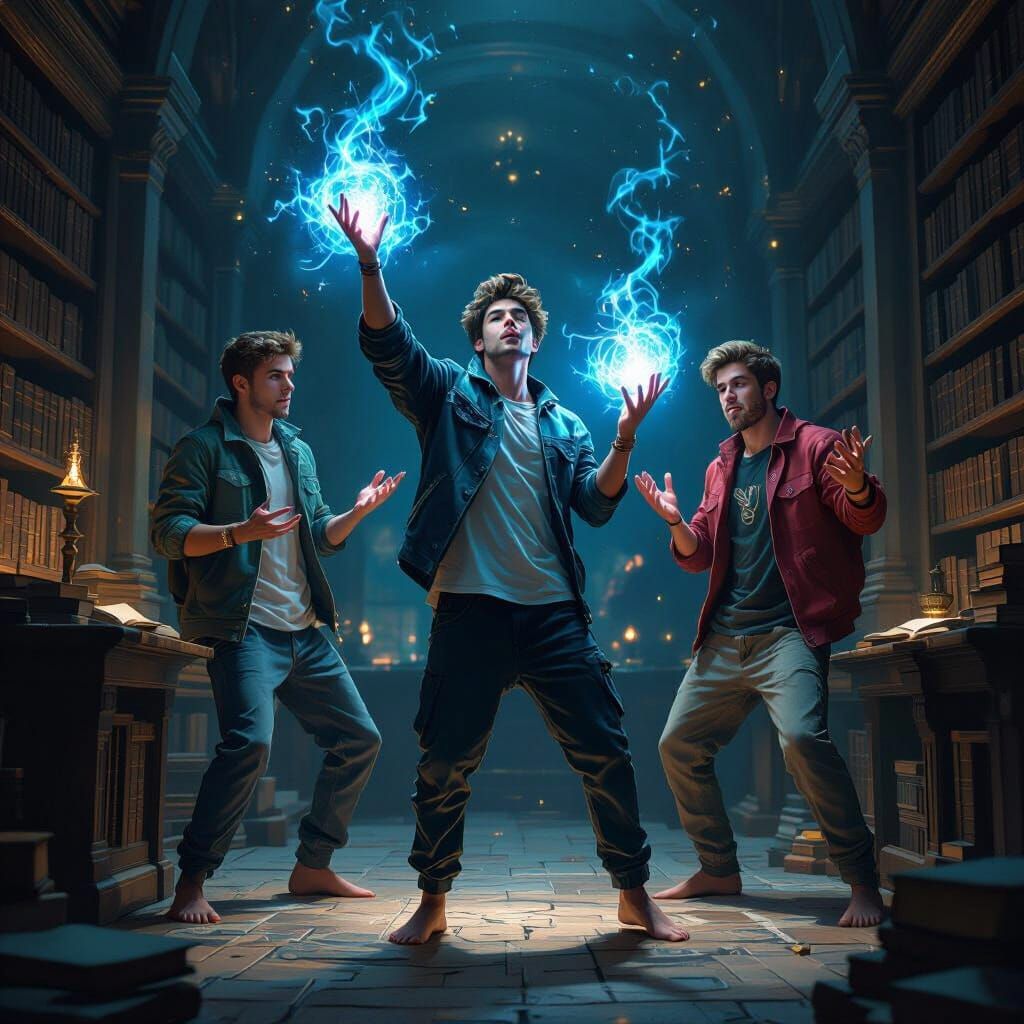 Barefoot Mages in Ancient Library, Dark Fantasy Style