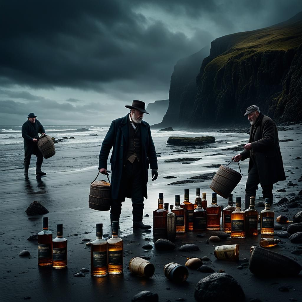 Scottish Fishermen Find Whisky on Beach: Digital Painting