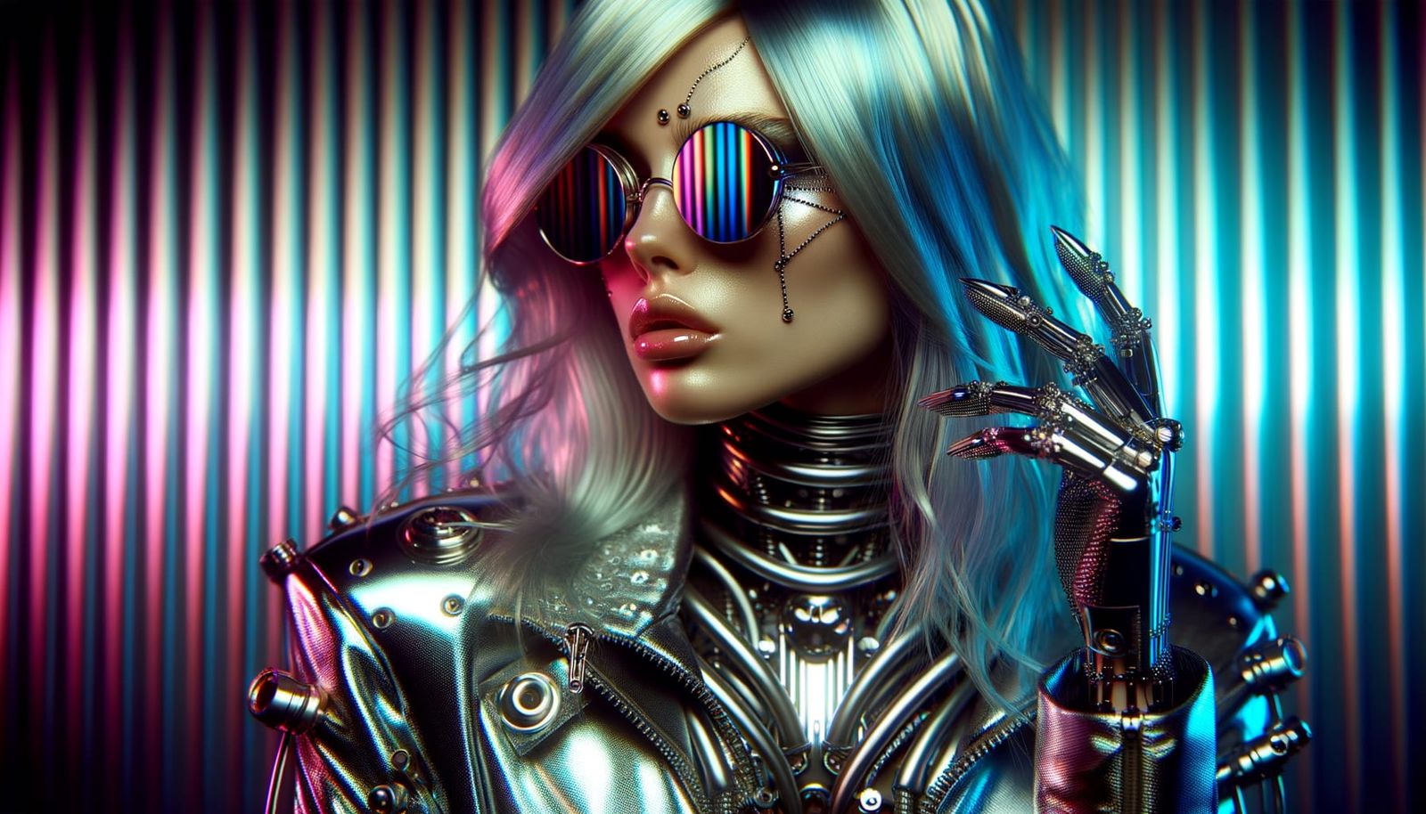 Iridescent Cyberpunk Girl with Chrome Hair