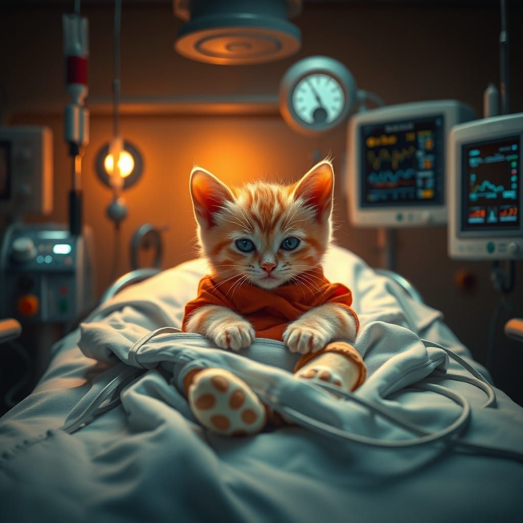Golden Baby Cat in ICU Surrounded by Medical Equipment