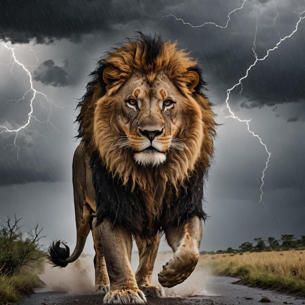 Lion in a Stormy Landscape