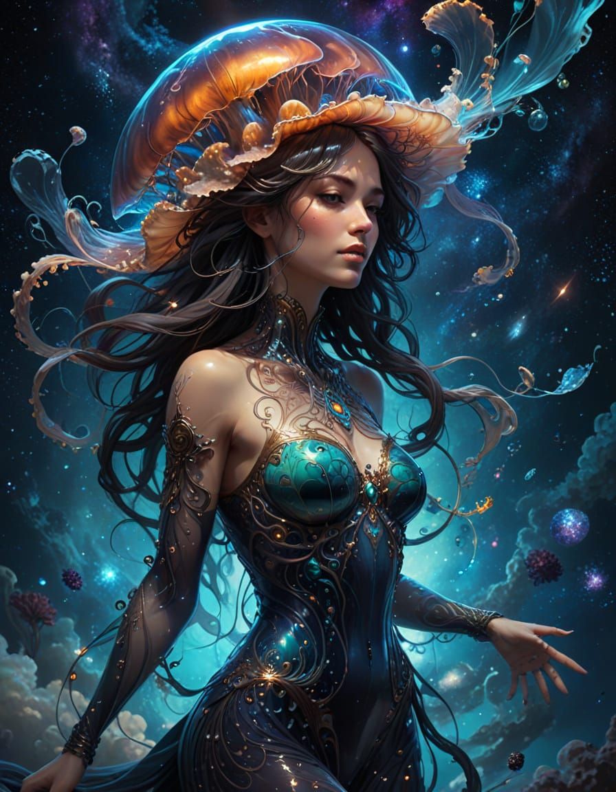 Cosmic Jellyfish Goddess in Art Nouveau Style